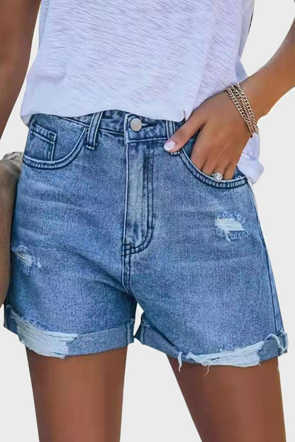 Shorts vaqueros rectos de cintura media con rotos y diseño urbano (3 colores)