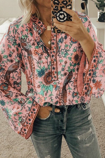 Street Print Patchwork Buttons Mandarin Collar Blouses(9 Colors)