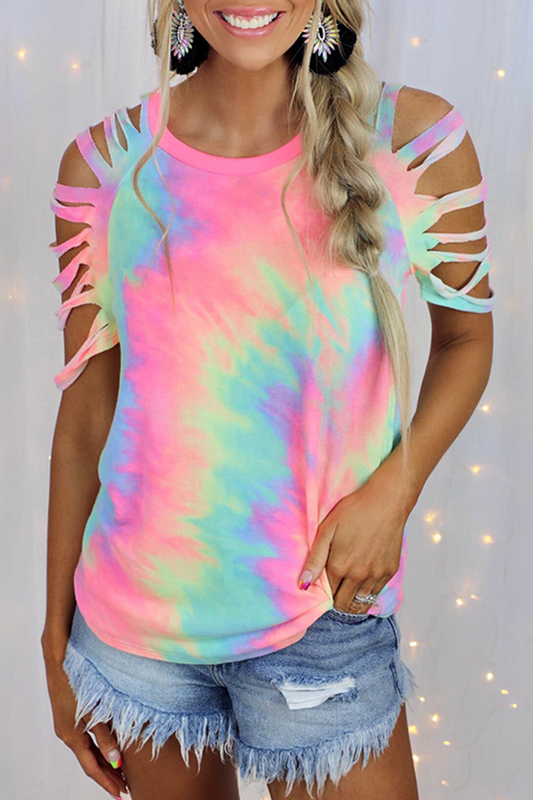 Casual Tie Dye Hollowed Out Patchwork O Neck T-Shirts