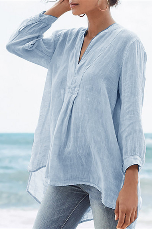 Tops casuales de cuello en V con patchwork sólido