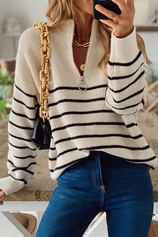 Suéter sexy con cuello con cremallera y retazos a rayas (3 colores)