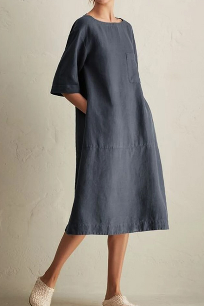 Casual Solid Patchwork Pocket O Neck A Line Dresses(6 Colors)