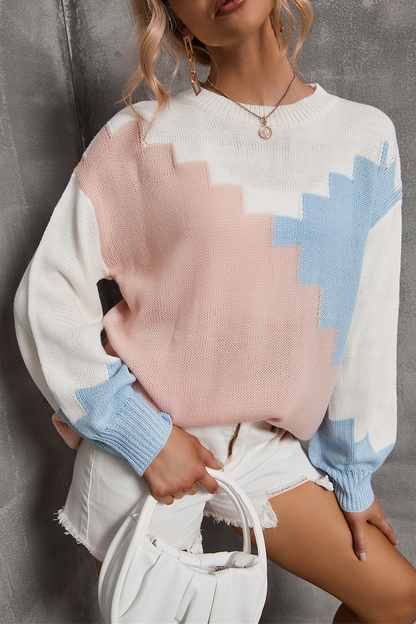 Suéter casual con cuello redondo y contraste de colores