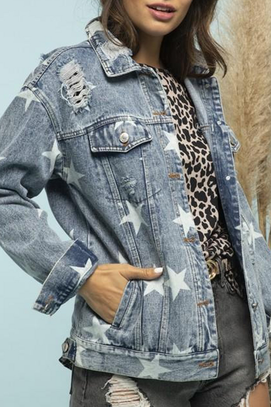Chaqueta vaquera de manga larga con cuello vuelto, hebilla rasgada y estrellas de Street