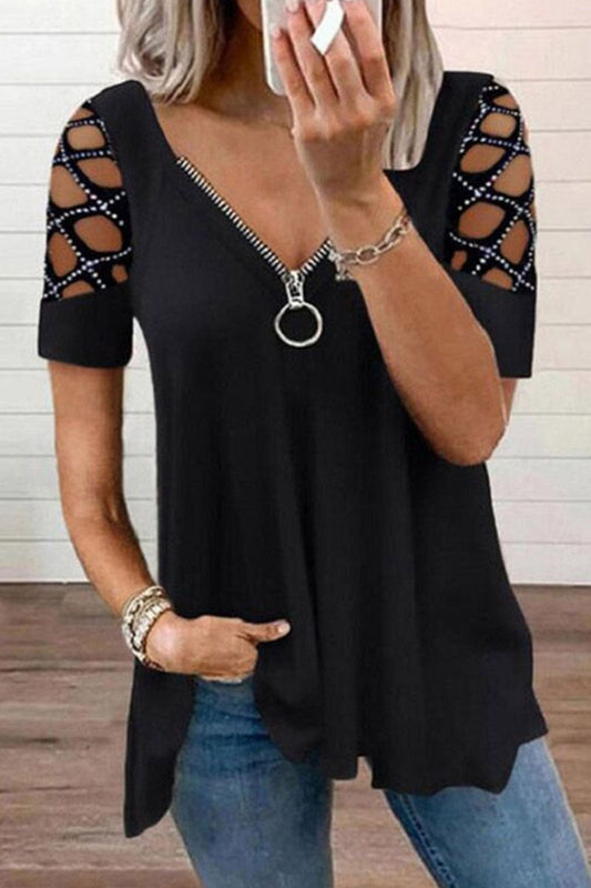 Casual Solid Split Joint V Neck T-Shirts