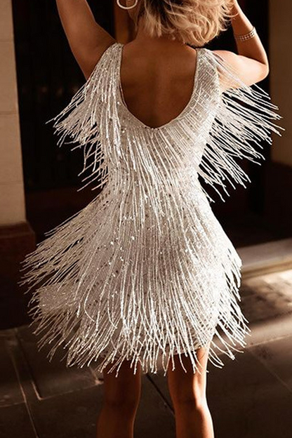 Vestido de noche elegante con cuello en V y borlas lisas de retazos (4 colores)