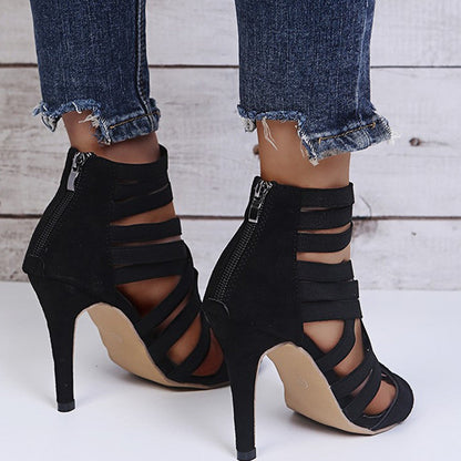 Sandalias de tacón de aguja puntiagudas de color sólido con agujeros de moda