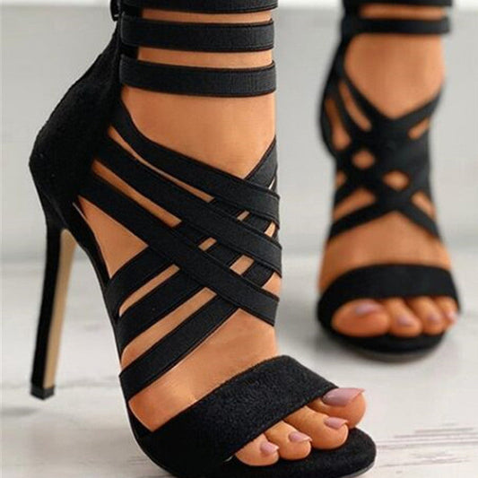Sandalias de tacón de aguja puntiagudas de color sólido con agujeros de moda