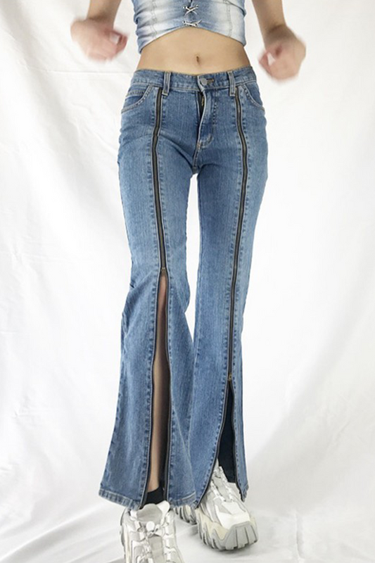 Pantalones de patchwork de calle con cremallera y pierna ancha