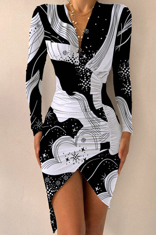 Vestido asimétrico con cuello en V, estampado sexy y patchwork (8 colores)