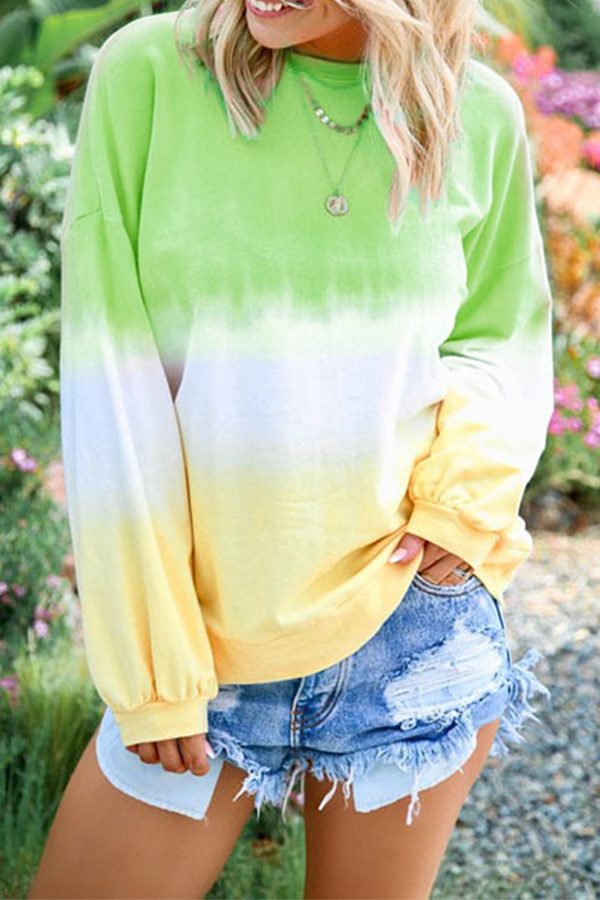 Tops casuales de cuello redondo con contraste básico y cambio gradual