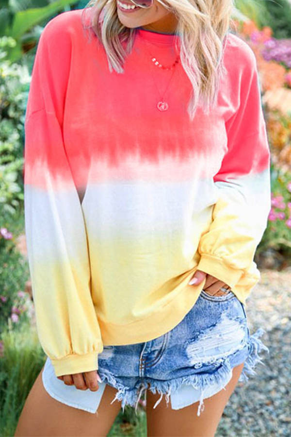 Tops casuales de cuello redondo con contraste básico y cambio gradual