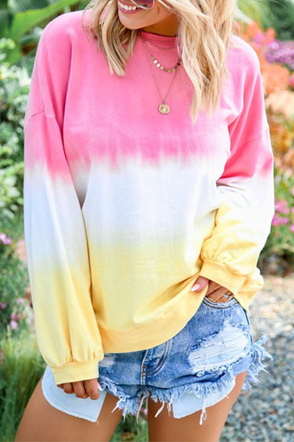 Tops casuales de cuello redondo con contraste básico y cambio gradual