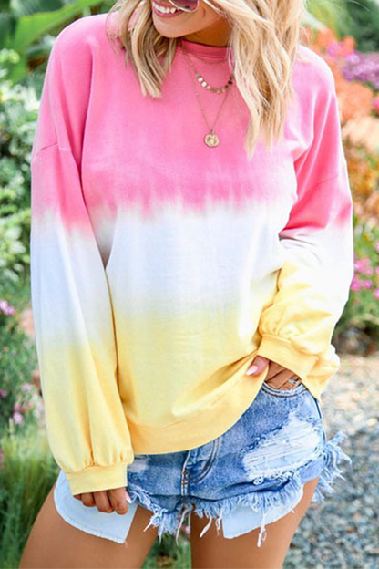 Tops casuales de cuello redondo con contraste básico y cambio gradual