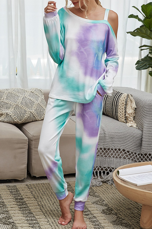 Conjunto informal de dos piezas con cuello convencional, manga larga y diseño de patchwork ahuecado con efecto tie-dye
