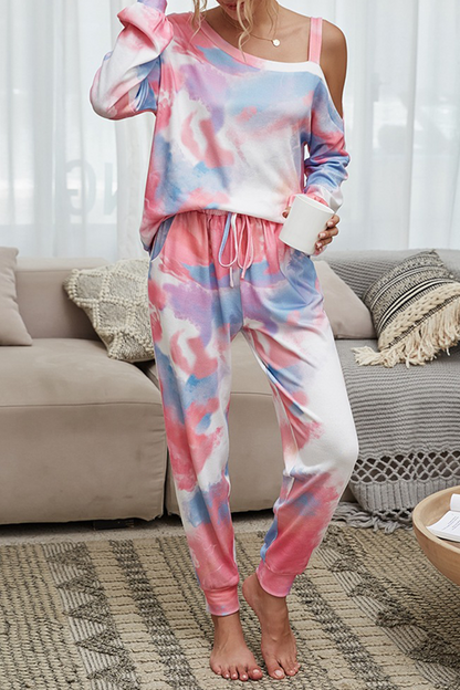 Conjunto informal de dos piezas con cuello convencional, manga larga y diseño de patchwork ahuecado con efecto tie-dye