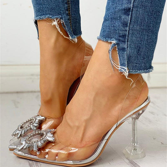 Sandalias de tacón alto con punta y diamantes de imitación de patchwork de moda