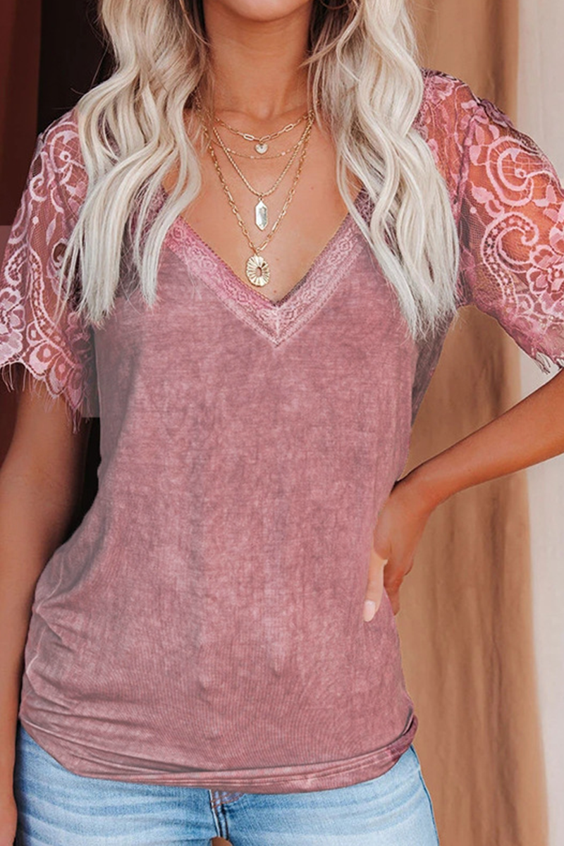 Casual Solid Patchwork V Neck T-Shirts(3 Colors)