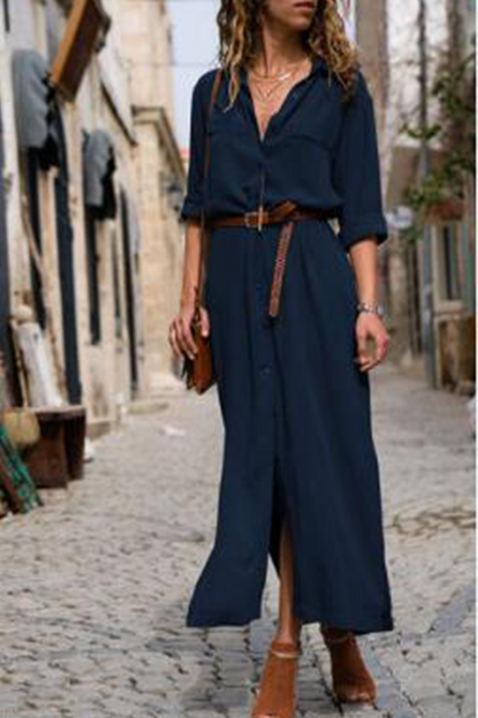 Vestido camisero informal de cuello vuelto con parches lisos (6 colores)