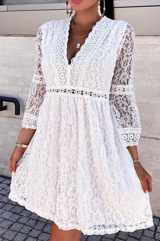 Vestidos casuales de encaje liso con cuello en V y falda pastel