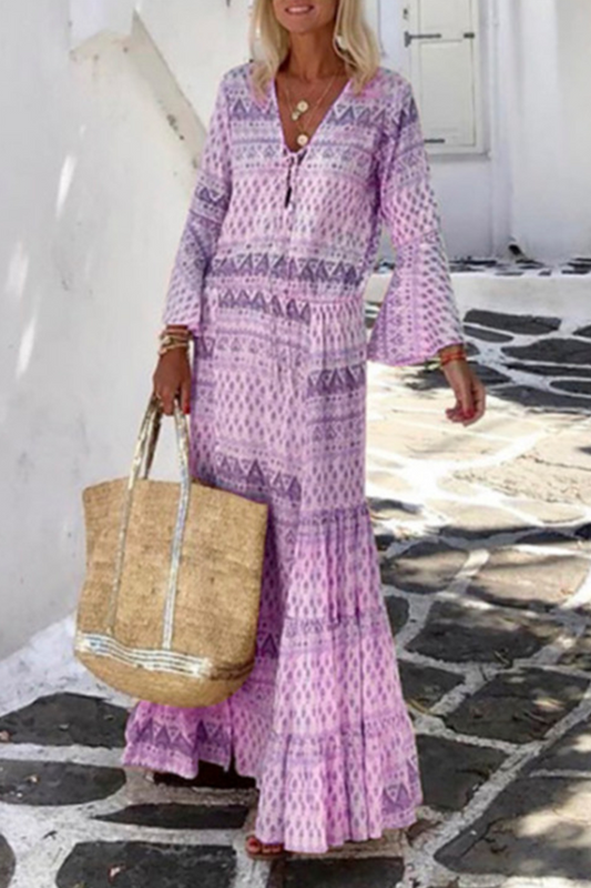 Vestidos casuales con estampado de patchwork, cuello en V y falda pastel