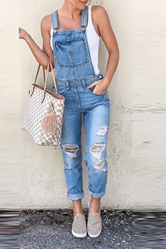 Mono informal de mezclilla estilo harén con cuello cuadrado, sin mangas y parches sólidos
