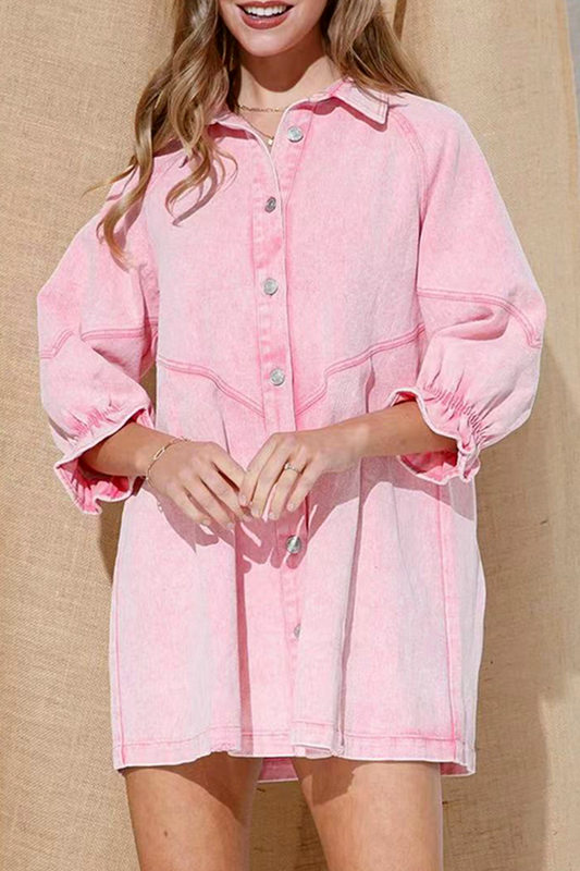 Vestido camisero informal de cuello vuelto con parches sólidos