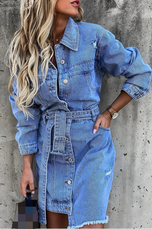 Vestido camisero informal de cuello vuelto con parches sólidos