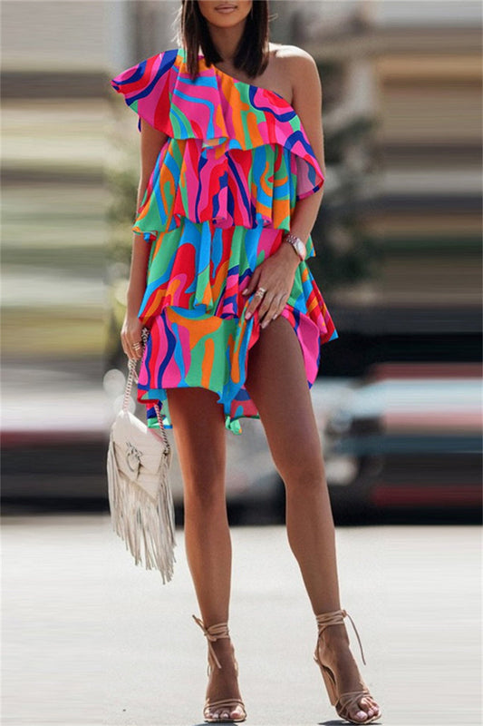 Vestido informal de moda con estampado de patchwork, sin espalda, cuello oblicuo, sin mangas