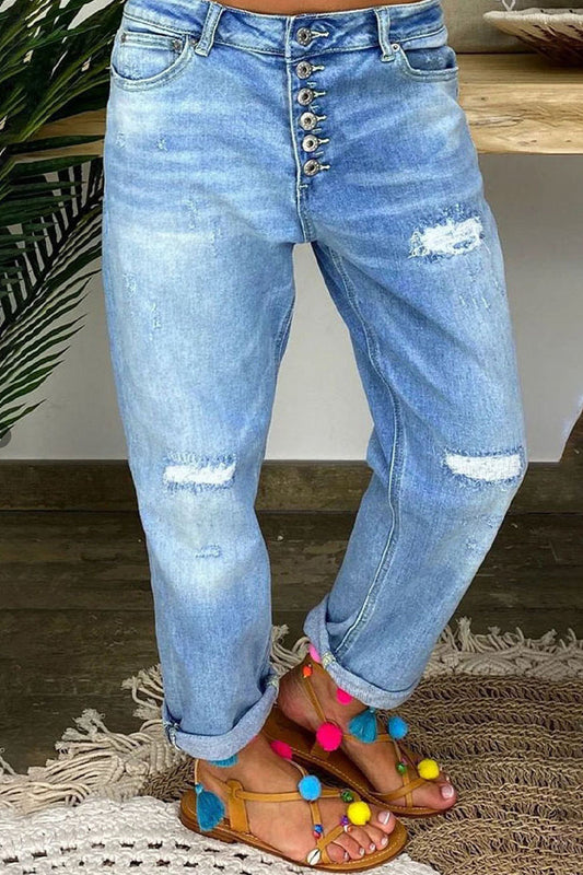 Vaqueros de mezclilla de cintura alta con diseño de patchwork de moda urbana
