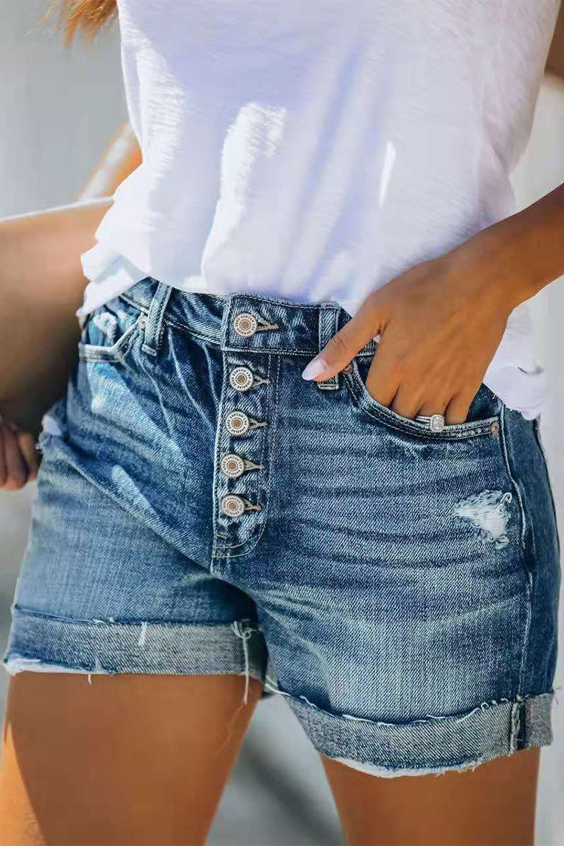 Shorts vaqueros casuales de talle medio con parches lisos