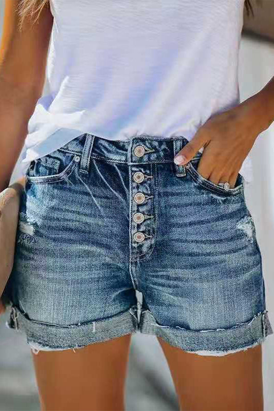 Shorts vaqueros casuales de talle medio con parches lisos