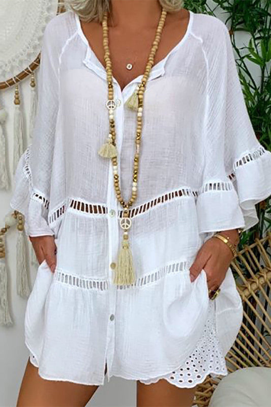 Vestidos casuales de manga larga con cuello en V y patchwork liso