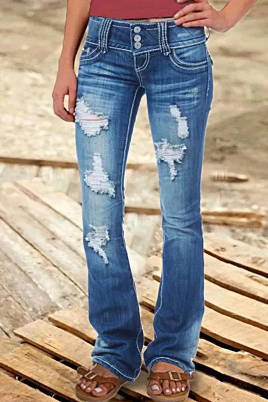 Vaqueros rasgados de tiro alto con corte de bota y diseño de patchwork urbano (8 colores)