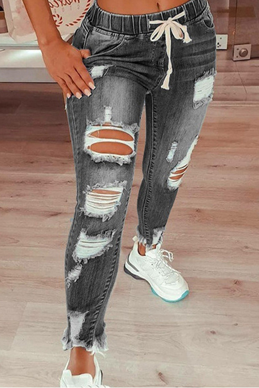 Vaqueros ajustados con cordón ajustable y rotos de Street Solid (4 colores)
