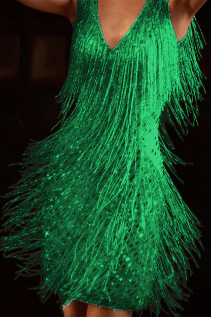 Vestido de noche elegante con cuello en V y borlas lisas de retazos (4 colores)