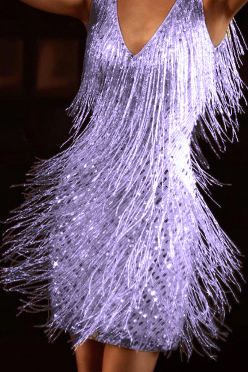Vestido de noche elegante con cuello en V y borlas lisas de retazos (4 colores)