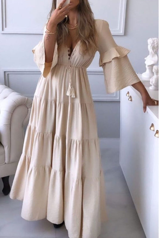 Vestido elegante, liso, asimétrico, de color liso, con escote en V irregular