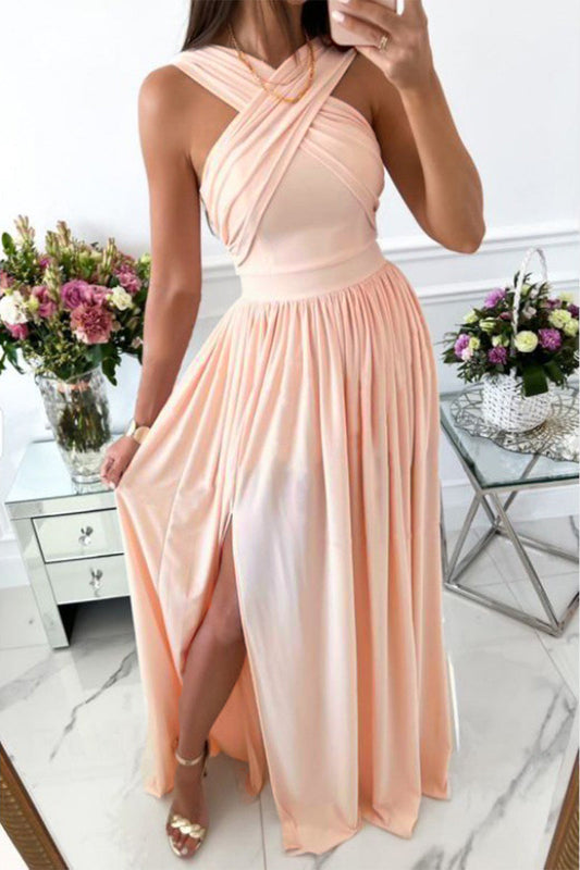 Vestidos elegantes y dulces de corte A con cuello tipo bufanda, espalda descubierta y abertura.