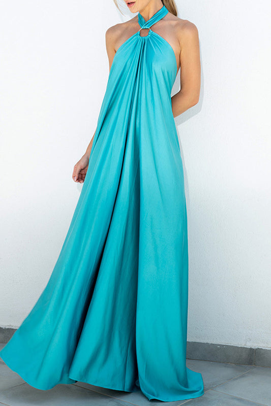 Vestido sexy de vacaciones con cuello halter, sin mangas y parches sólidos (3 colores)