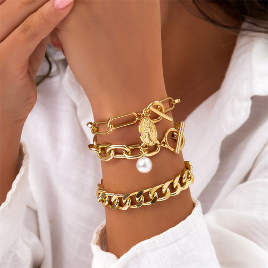 Pulseras de perlas con cadenas de patchwork informales