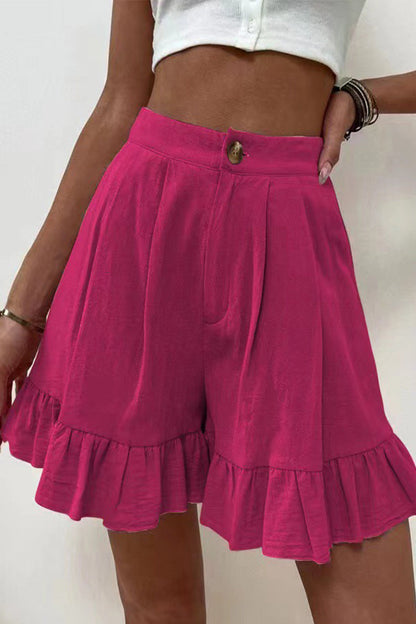 Pantalones casuales de color liso con volantes, sueltos, de cintura alta y pierna ancha