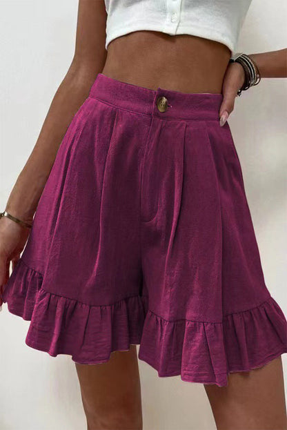 Pantalones casuales de color liso con volantes, sueltos, de cintura alta y pierna ancha