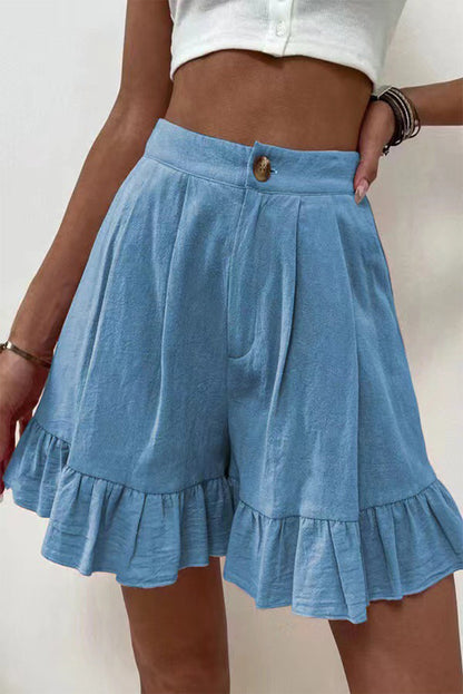 Pantalones casuales de color liso con volantes, sueltos, de cintura alta y pierna ancha