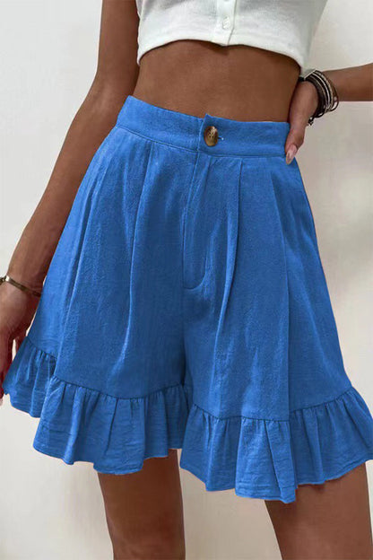 Pantalones casuales de color liso con volantes, sueltos, de cintura alta y pierna ancha