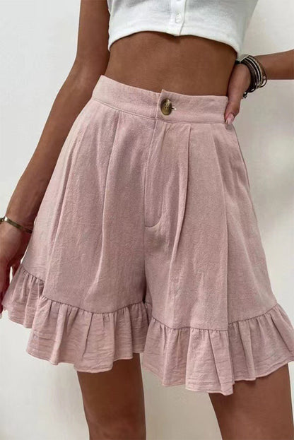 Pantalones casuales de color liso con volantes, sueltos, de cintura alta y pierna ancha