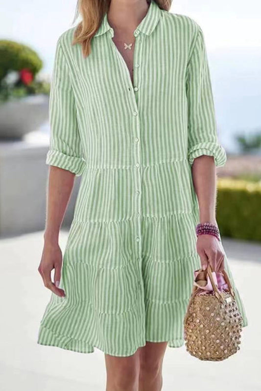 Vestido camisero elegante con cuello vuelto y cordón geométrico (6 colores)