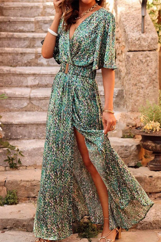 Vestidos bohemios universitarios con estampado floral y cinturón, cuello en V y falda (5 colores)