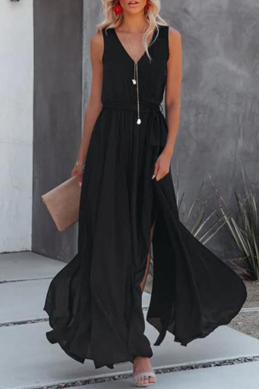 Vestido sexy informal liso con abertura en el cuello en V sin mangas