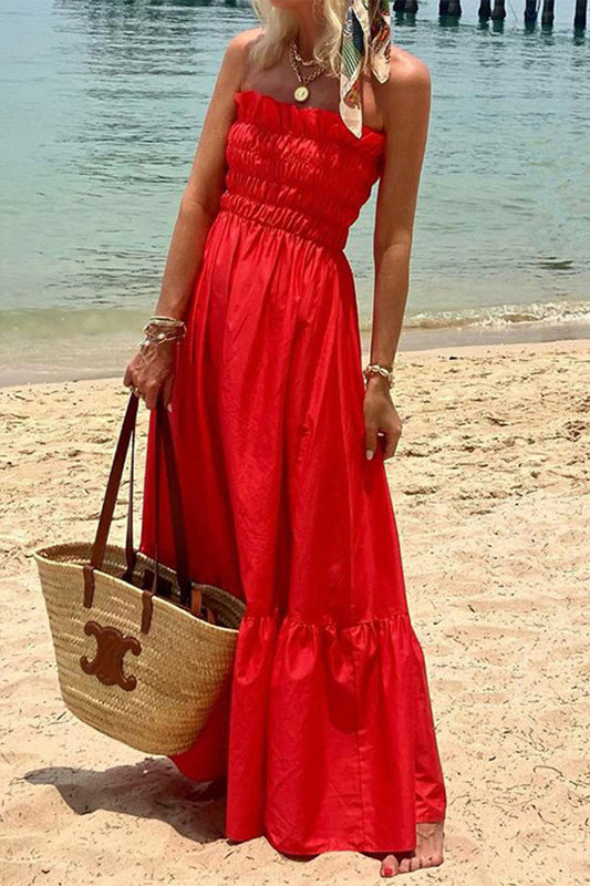 Vestido informal de vacaciones de color liso sin tirantes y sin mangas